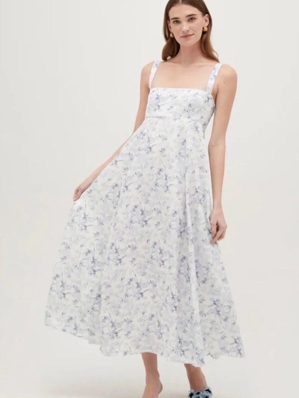 Sleeveless White Maxi Dress with Light Blue Floral Print